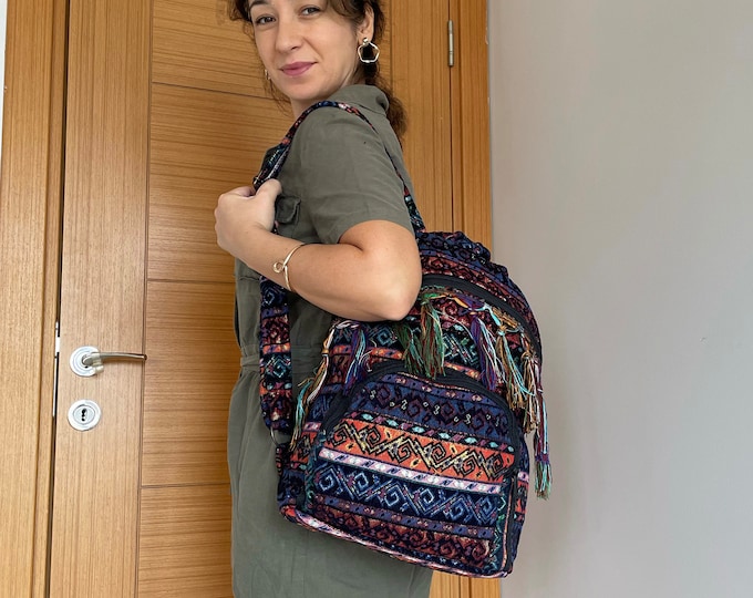 Personalized Bohem Style Purple Backpack, Tassel Gypsy Bag, Soft Velvet Fabric Rug Bag, Cute Gift For Her, Unique Hand-made Present Sister
