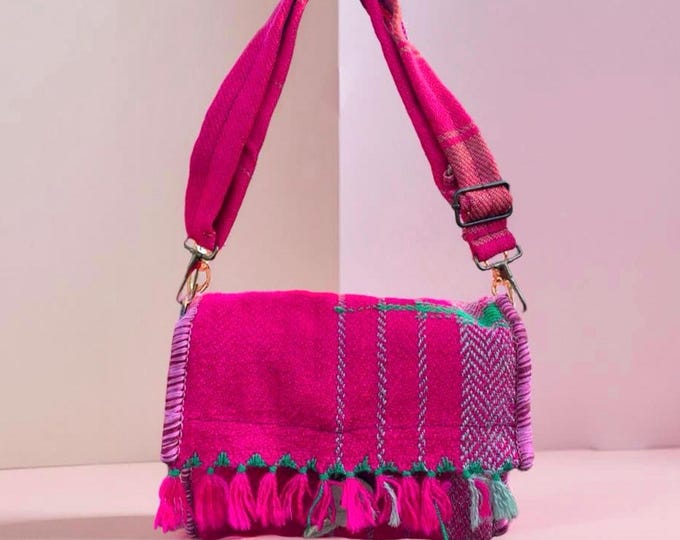 Small Fuchsia Crossbody Bag, Pink Rug Fabric Cute Gypsy Style Boho Bag, Unique Gift For Bohem Women, Local Shop Upcycled Timeless Products