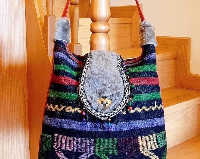 Real Fur Detailed Hand Made Shoulder Bag, Hair On Genuine Leather Rug Hand-Made Bag,Mother's Day, Purse For Her