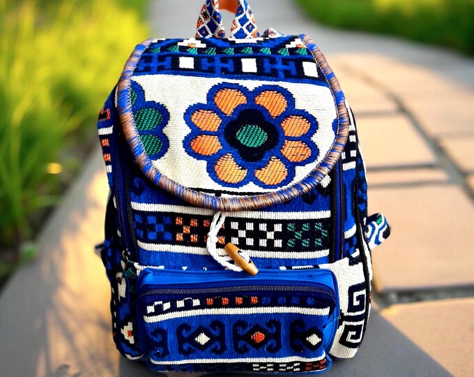 Personalised Navy Ethnic Rug Backpack, Artisan Crafted Hand-made Rucksack, Strong Laptop Bag, Blue Tote Flower Backpack, Gift For Friend