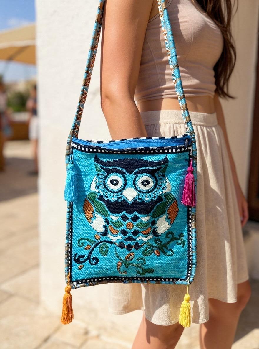 Owl Pattern Kilim Crossbody Bag: Anatolian Boho Heybe Bag, Ethnic Crossbody Bag, Unique Purse, Perso