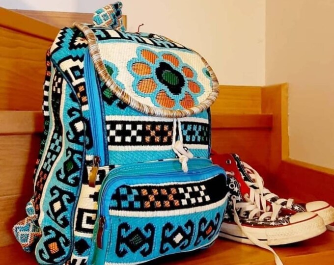 Ethnic Pattern Blue Rug Backpack, Flower Bag, Personalized Boho Rucksack, Tapestry Artisan Crafted Bag, Unique Gift Idea For Her, Local Shop