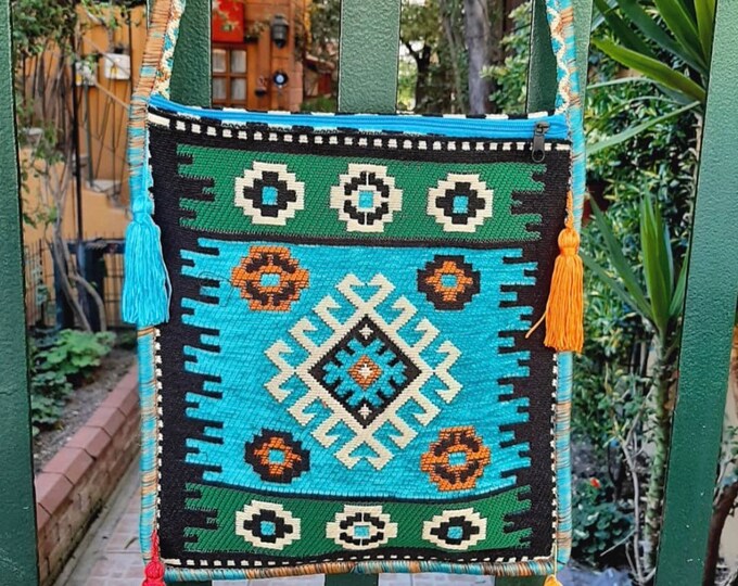 Hippi Tassel Heybe Kilim Saddlebag Long Cross body Bags From Kilim - Rug Pattern Fabric, Bohemian Style, Casual Messenger Mother's Day Gift