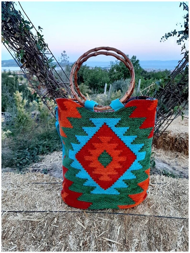 Shoulder or Tote Bag Kilim Style Bag Crossbody Bamboo Shape Handle Ethnic Pattern Kilim Style Adjustable Strap
