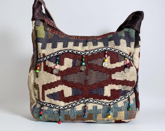 Boho Kilim Shoulder Purse: Handmade Wool Crossbody Leather Strap, Christmas Gift For Her, Antique Rug Shoulder Bag, Unique Brown Blue Bag