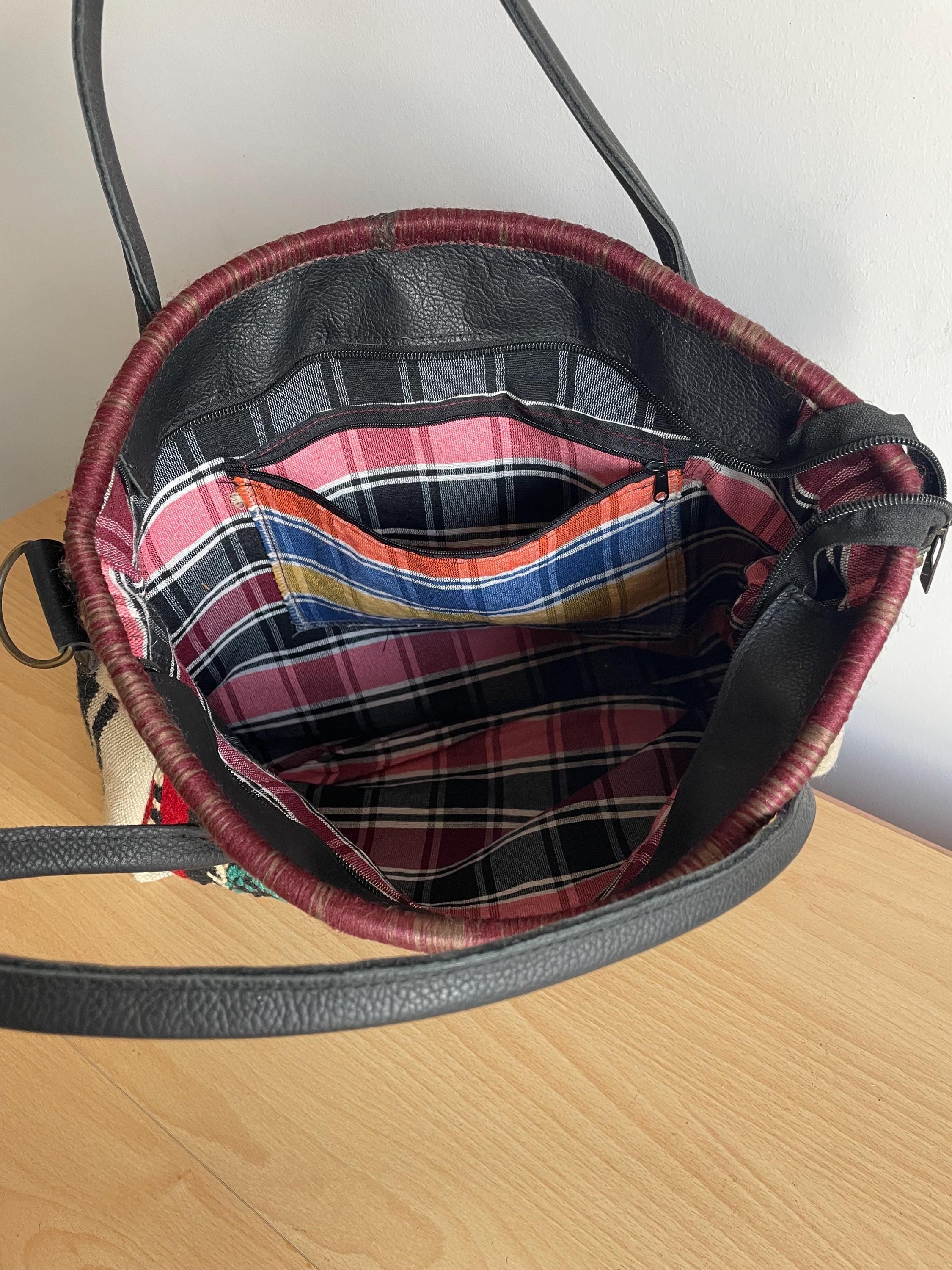 Handmade Navajo Wool Tote Bag – Large Rug & Leather Shoulder 