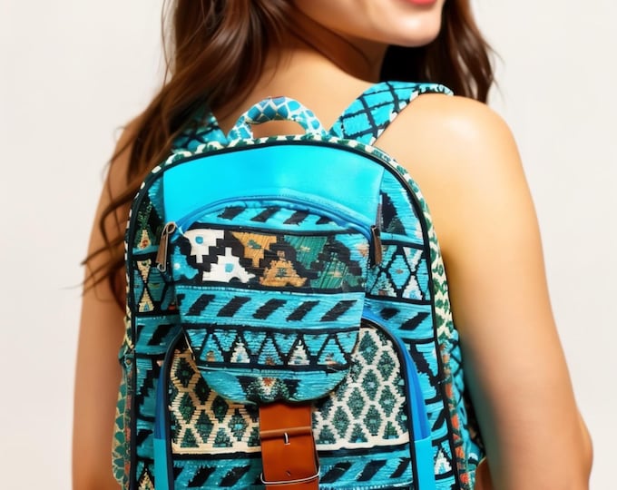 Ice Blue Kilim Backpack: Rug Fabric, Zipper Pockets