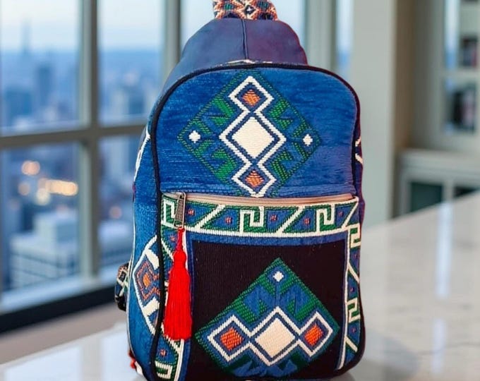 Blue Backpack, Easy Use Bag, Fashionable Kilim Pattern, Pretty Traveller Weekend Backpack, Intensive Blue Aztec Carpet Pattern Rucksack Her