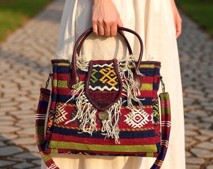 Fringe Rug Tote Bag: Handmade Boho Tassel Handbag, Leather Details, Handmade boho tote, Personalized Christmas Gift For Her, Unique Birthday