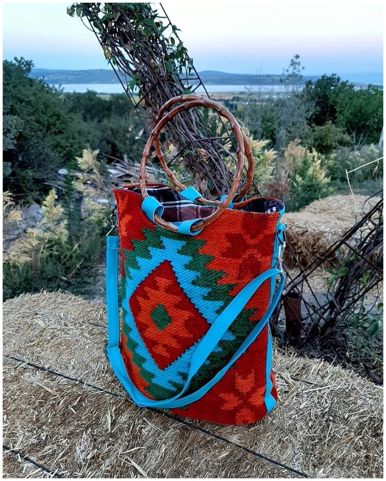 Shoulder or Tote Bag Kilim Style Bag Crossbody Bamboo Shape Handle Ethnic Pattern Kilim Style Adjustable Strap