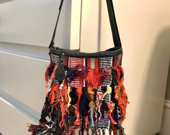 Handmade Turkish Kilim Crossbody Bag: Leather Strap, Colorful Fringe