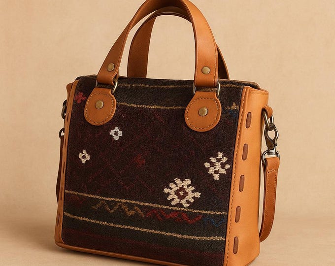 Handwoven Rug Tote, Handmade Soft Leather Detailed, Natural Dyed Shoulder Bag, Ancient Motifs Inspired Rug Bag, Gift Idea For Mom, Bohemian