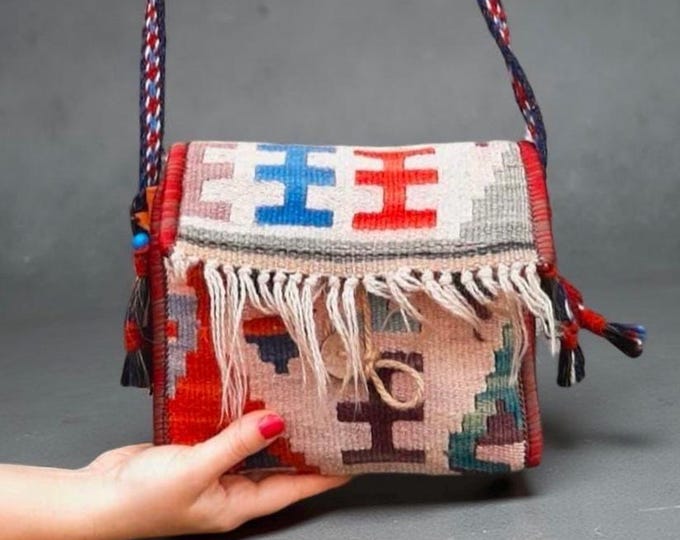 Woven Rug Mini Bag, Natural Material Fringe Hand-Made Purse, Tassel Sling Bag, Tribal Pattern Crossbody Bag, Personalized Gift For Bohem