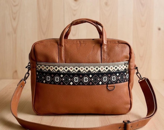 Handmade Cognac Leather Laptop Briefcase – Rug Pattern Work Bag with 8 Organizer Pockets & Guitar Strap – Personalized Gift