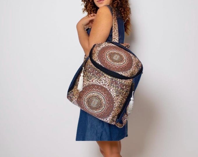 Mandala Patterned Laptop Backpack – Handmade Boho Jacquard Rucksack with Laptop Compartment, Travel School Work Bag, Personalized Gift
