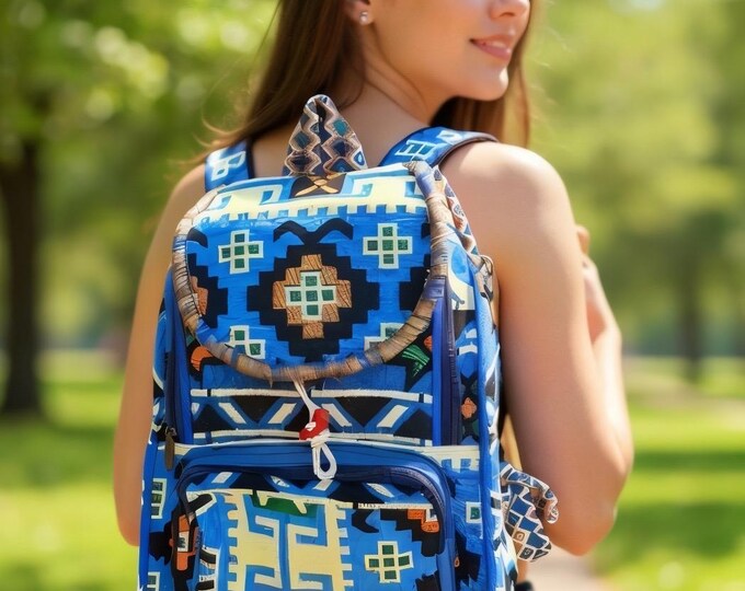 Blue Kilim Tapestry Backpack: Large Hiking Weekender Bag