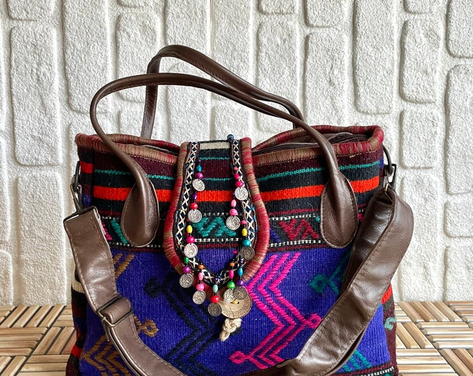 Personalized Myra Tote: Handwoven Rug Bag with Leather Accents