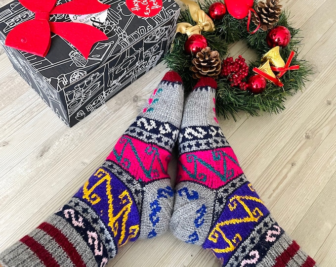 Hand Knit Slipper Pink Gray Purple Cosy Socks For Women in Christmas Gift Box, Warm Boot Socks, Special Xmas Gift Arrangement Adult