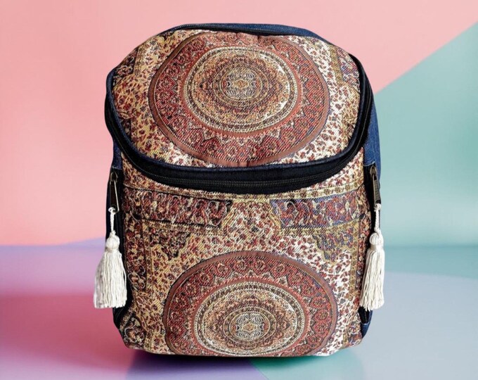 Mandala Pattern Jacquard Shiny Fabric Backpack, Large Laptop Backpack, Weekender Travel Multi-Pocket Rucksack, Myself Personalized Gift