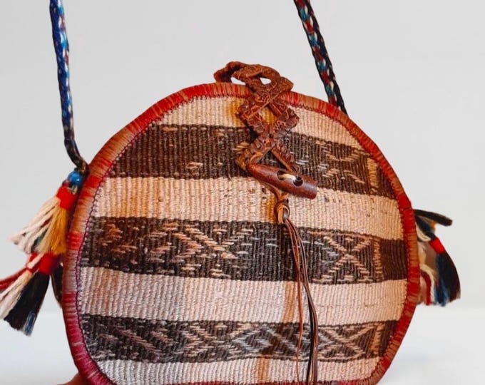 Brown Woven Natural Rug Oval Crossbody Bag, Genuine Leather Detailed Fringe Side Bag, Personalized Gift For Mom, Bohem Gift For Sister