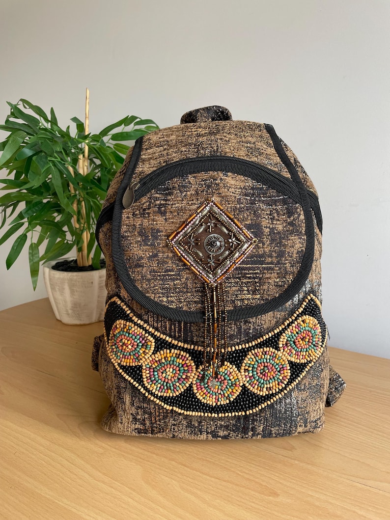 Handmade Beaded Boho Backpack, Metallic Bronze Tribal Design - Etsy