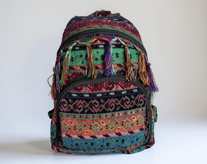 Personalized Fringe Green Rug Pattern Backpack, Velvet Touch Sofya Fabric Violet Bag, Sport Casual Purse, Christmas Gift For Her, Sister