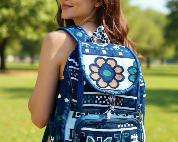 Night Blue Kilim Backpack: Ethnic Floral Rucksack, Hiking Tote