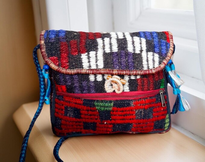 Personalized Front Flap Crossbody Bag From Vintage Rug, Beaded Tassel Natural Myra Mini Purse, Birthday Gift For Sister, Mother's Day Gift