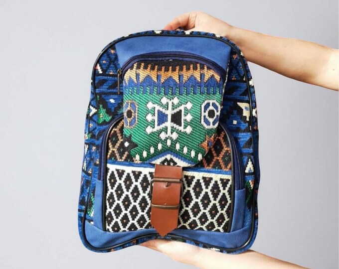 Vibrant Blue Kilim Backpack, Handmade Rug Fabric Rucksack with 3 Compartments, Unique Boho Gift for Her, Birthday, Christmas