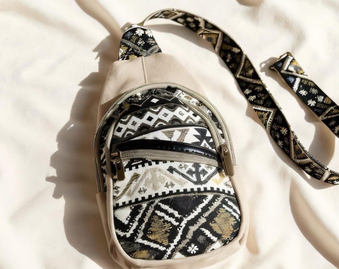 Handmade Boho Midi Sling Bag: Vegan Leather Crossbody with Tribal Design