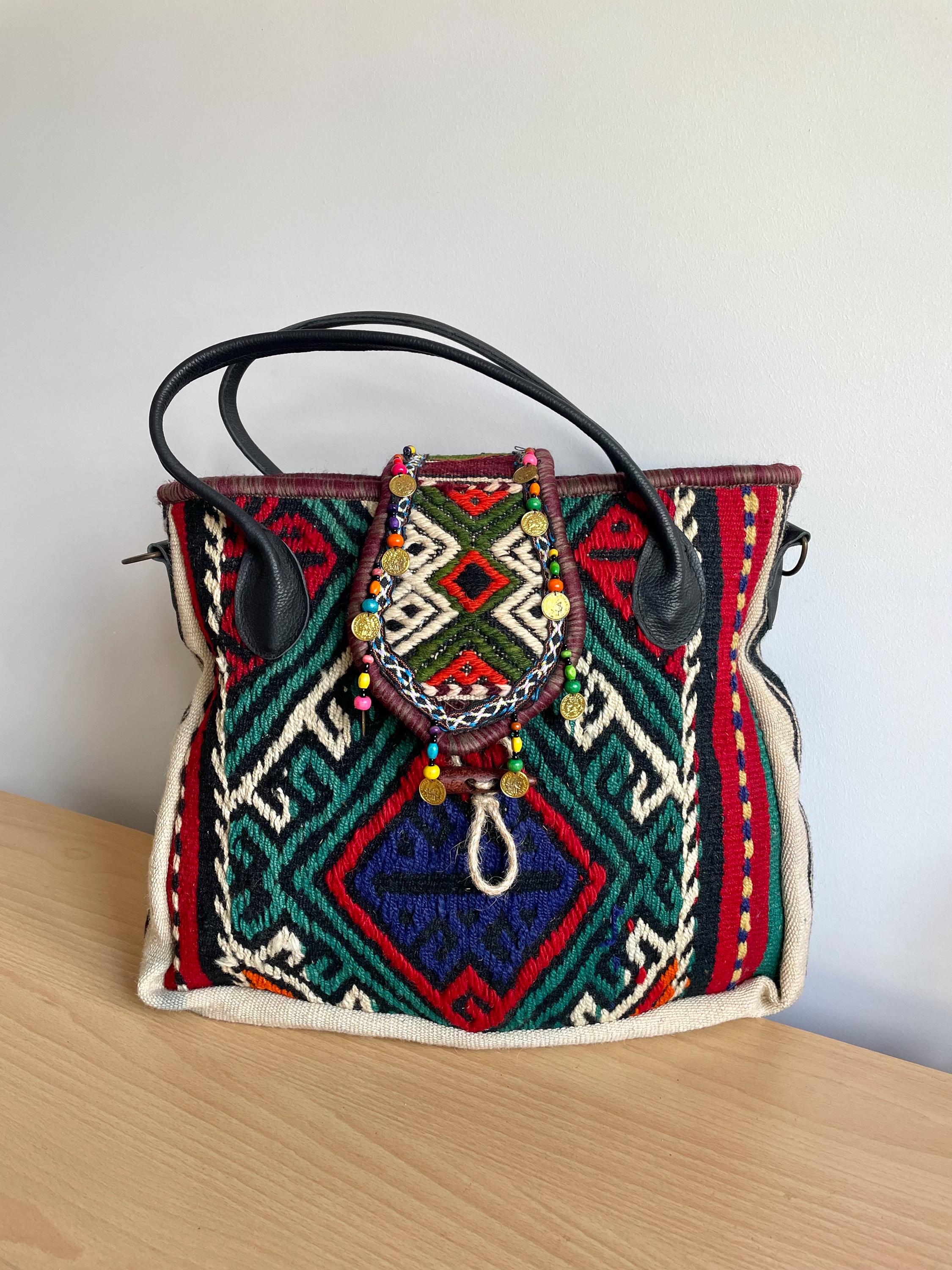 Handmade Navajo Wool Tote Bag – Large Rug & Leather Shoulder 