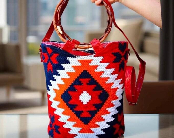 Orange Warm Color Tote, Navajo Rug Pattern Bag, Bamboo Shape Handle, Red Shoulder Purse, Gift For Mother's Day, Personalized Bag