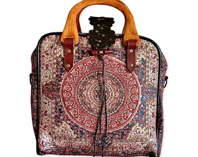 Mandala Fabric Jacquard Tote, Unique Design Wood Looking Handle Tapestry Hand Bag, Chic Casual Fall Accessory, Birthday Gift For Wife,Sister