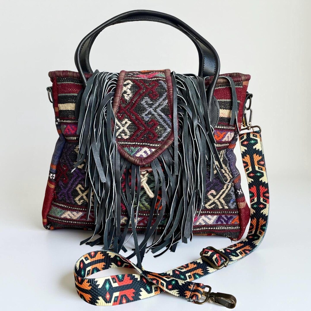 Western Rug Purses Western Rug Tote Bag: Leather Black Fringe, Wool Shoulder Purse, Boho ...