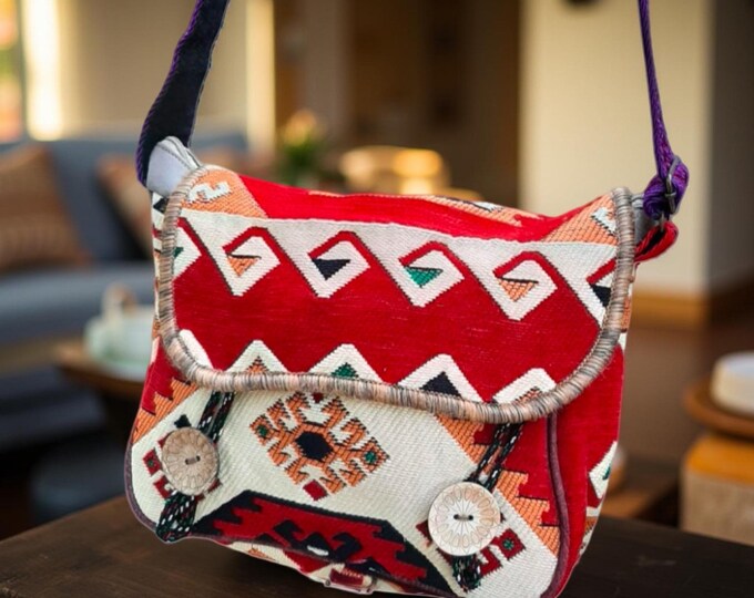 Red Kilim Crossbody Bag, Tribal Pattern Handmade Casual Sport Side Bag, Utulity Aesthetic Foldable Bag, Personalize Unique Gift For Birthday