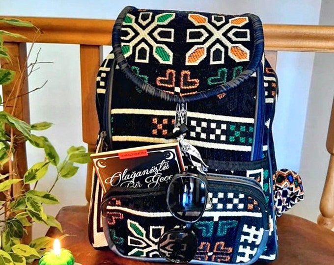 Night Navy - Orange and Green cocklebur Ethnic  Pattern  Rug Kilim Very Strong And Stylish Backpack - Christmas Gift,Gift  For Myself
