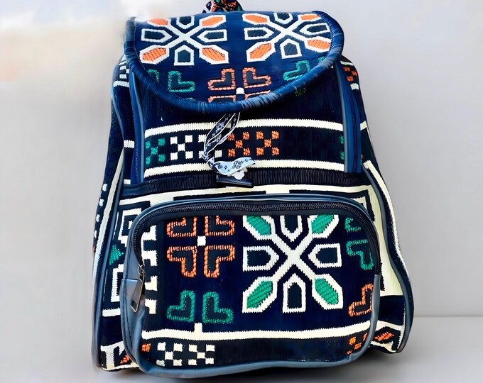Navy Rug Personalized Rucksack, Large Compartment Unique Backpack, Artisan Crafted One-of-a-kind Bag, Weekend Travel Bag, Gift Idea For Her
