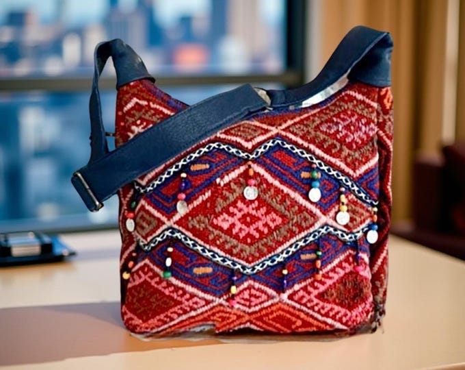Natural Dyed Red Kilim Shoulder Bag, Genuine Leather Strap Personalized Crossbody Purse, Dangle Beaded Ethnic Motif Rug Ladies Bag For Her