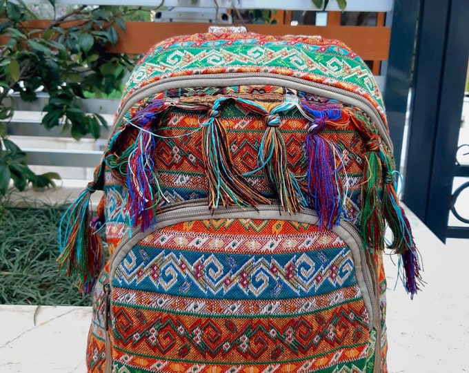 Spring Green Tassel Boho Backpack, Strong Fabric Foldable Street Style Rucksack, Winter Outfit Accesory, Personalized Birthday Gift For Her