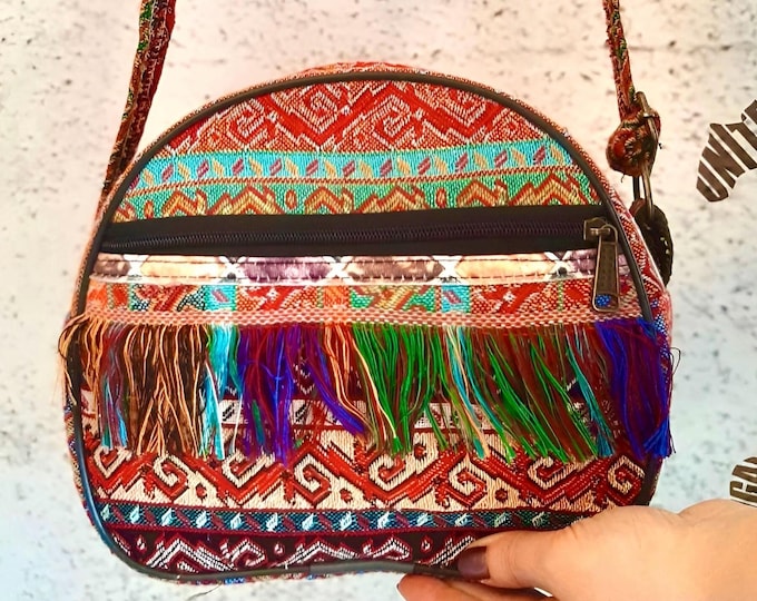 Personalized Hand-made Crossbody Bag, Vintage Rug Pattern Fabric, Tassel Ethnic Pattern Oval Bag, Fringe Shoulder Unique Accessory Gift Her