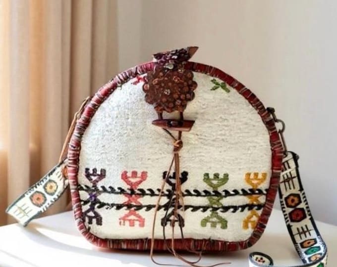 Handwoven Wool Rug Bag: Boho Leather Crossbody with Guitar Strap, Ocal Crossbody Bag, Best Personalized Gift Idea For Her, Tribal Pattern