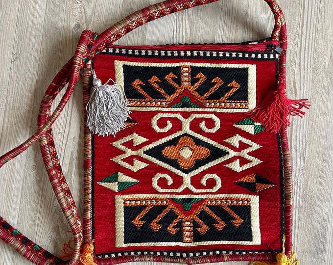 Handmade Kilim Crossbody Bag: Anatolian Boho Heybe Bag, Red Ethnic Crossbody Bag, Unique Purse, Personalized Bohemian Christmas Gift Women