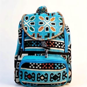 Handmade Light Blue Kilim Backpack – Boho Travel Rucksack with Evil Eye Motif – Unique Gift for Her, Yoga, Hiking & Daily Use
