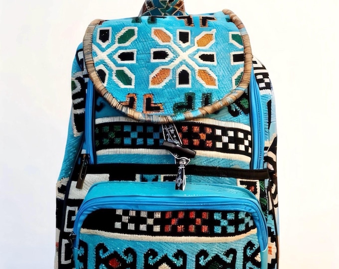 Handmade Light Blue Kilim Backpack – Boho Travel Rucksack with Evil Eye Motif – Unique Gift for Her, Yoga, Hiking & Daily Use