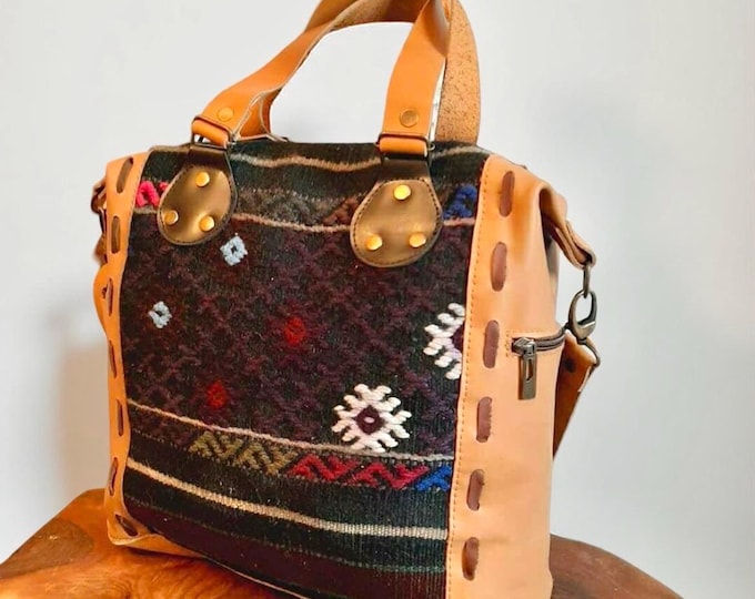 Handwoven Rug Tote, Handmade Soft Leather Detailed, Natural Dyed Shoulder Bag, Ancient Motifs Inspired Rug Bag, Gift Idea For Mom, Bohemian