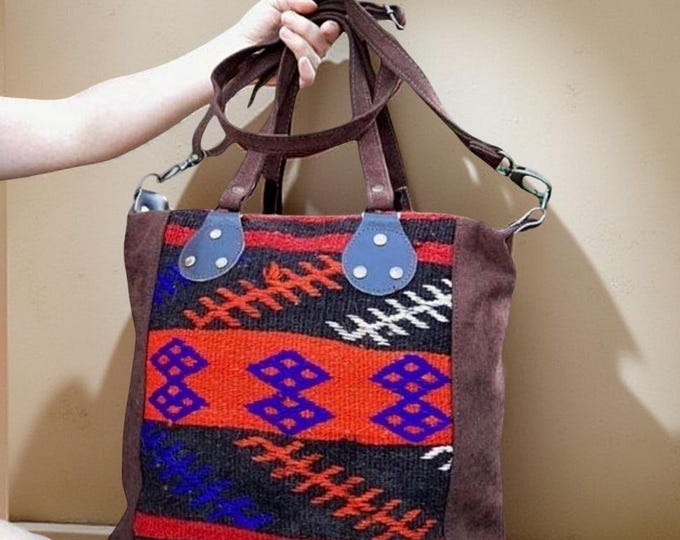 Handmade Myra Tote Bag, Rug, Canvas & Leather Purse with Tassels, Unique Southwestern Boho Gift for Her, Birthday, Mother’s Day, Christmas