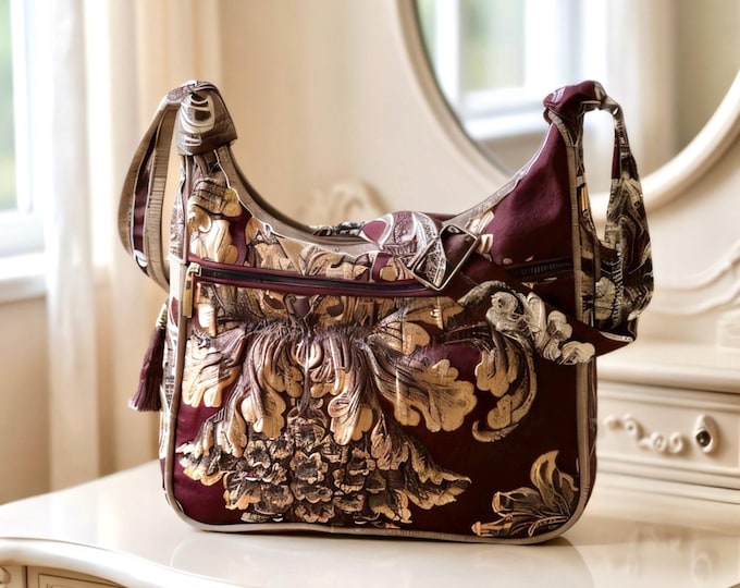 Handmade Victorian Floral Satin Shoulder Bag: Dark Brown Embossed Fabric