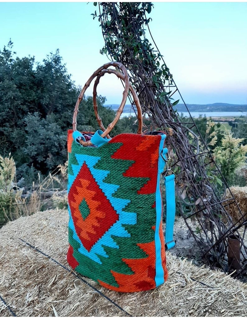 Shoulder or Tote Bag Kilim Style Bag Crossbody Bamboo Shape Handle Ethnic Pattern Kilim Style Adjustable Strap