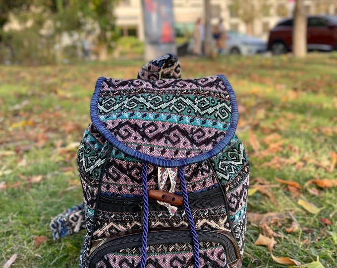 Handcrafted Multicolor Backpack: Soft Velvet Feel, Rug Pattern
