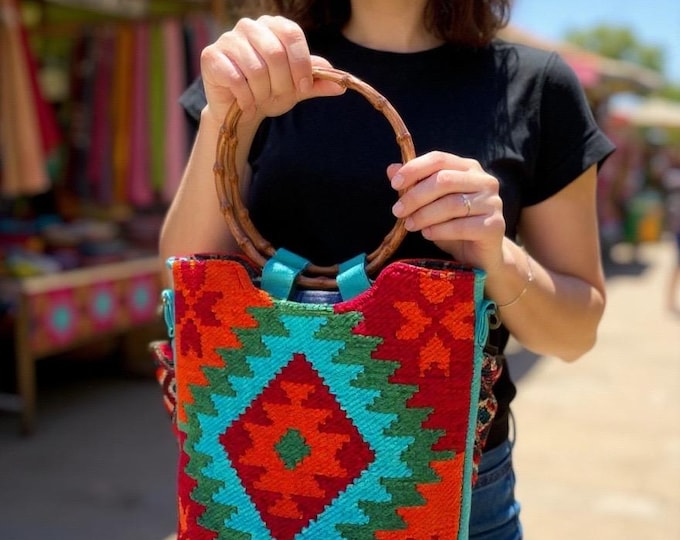 Vibrant Rainbow Color Pretty Tote Bag From Kilim Fabric, Bamboo Shape Handle Bag, Gift For Bohem Women, Mother Day's Gift, Aztec Pattern